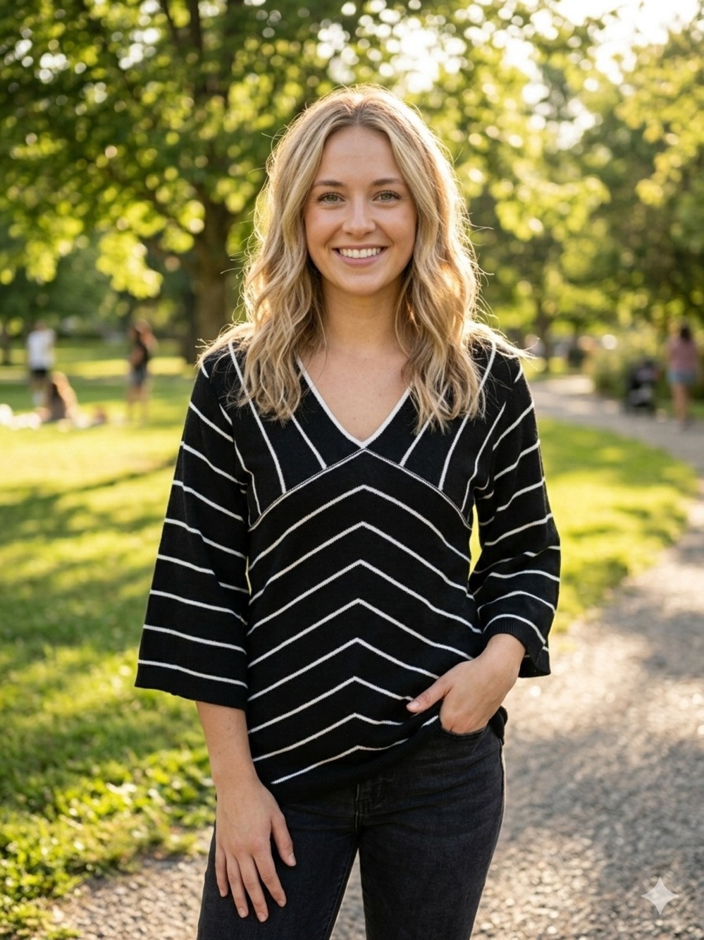 Max Edition Black V-Neck Sweater with White Chevron Stripes